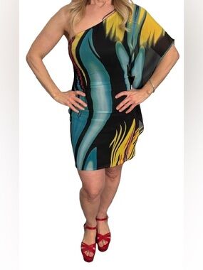 Costa Blanca One-Shoulder Abstract Statement Print Dress in Black, Teal & Yellow